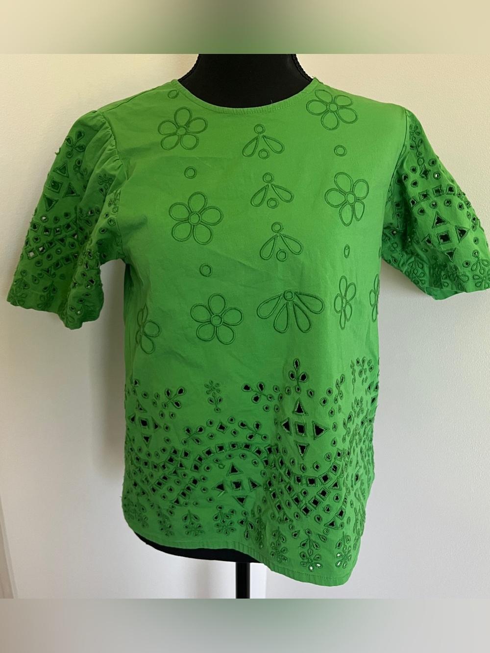 💚 Jude Connally Green Embroidered Eyelet Puff Sleeve Top Sz S Green Preppy